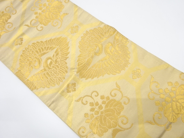 アンティーク　蜀江に向かい鶴・桐唐草模様織り出し袋帯（着用可）